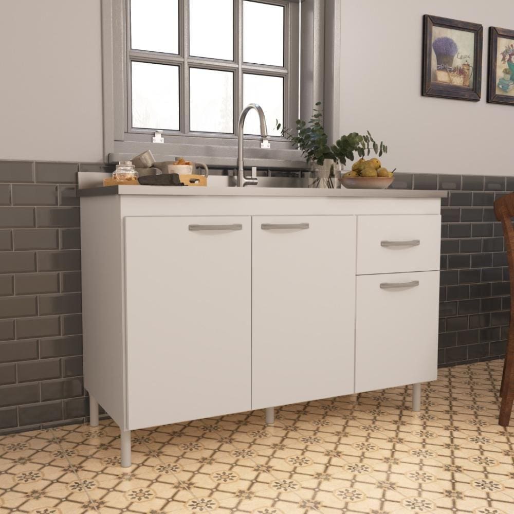 Balcão de Cozinha para Pia de 120cm Sem Tampo Suiça Fidelitá 3 Portas 1 Gaveta Branco