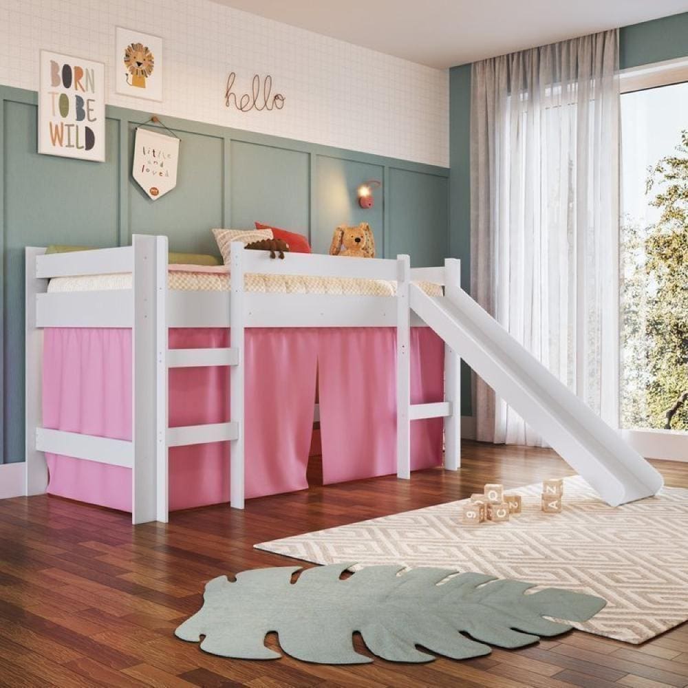 Cama Elevada com Escorregador e Cortina 1 Colchão Branco/Rosa