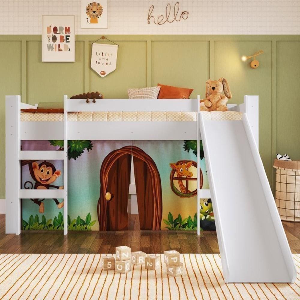Cama Elevada com Escorregador e Cortina Zoo 1 Colchão Branco/Zoo