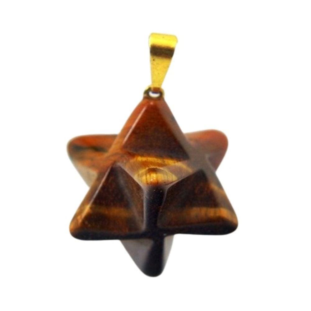 Colar Merkaba Pingente Pedra Olho de Tigre Presilha Dourado
