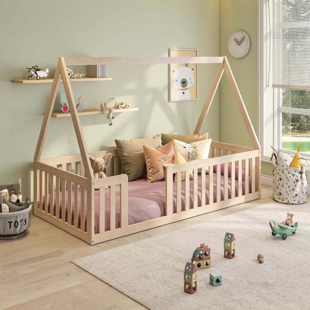 Cama Montessoriana Solteiro Com Grade e Telhado Giulia Casatema Natural
