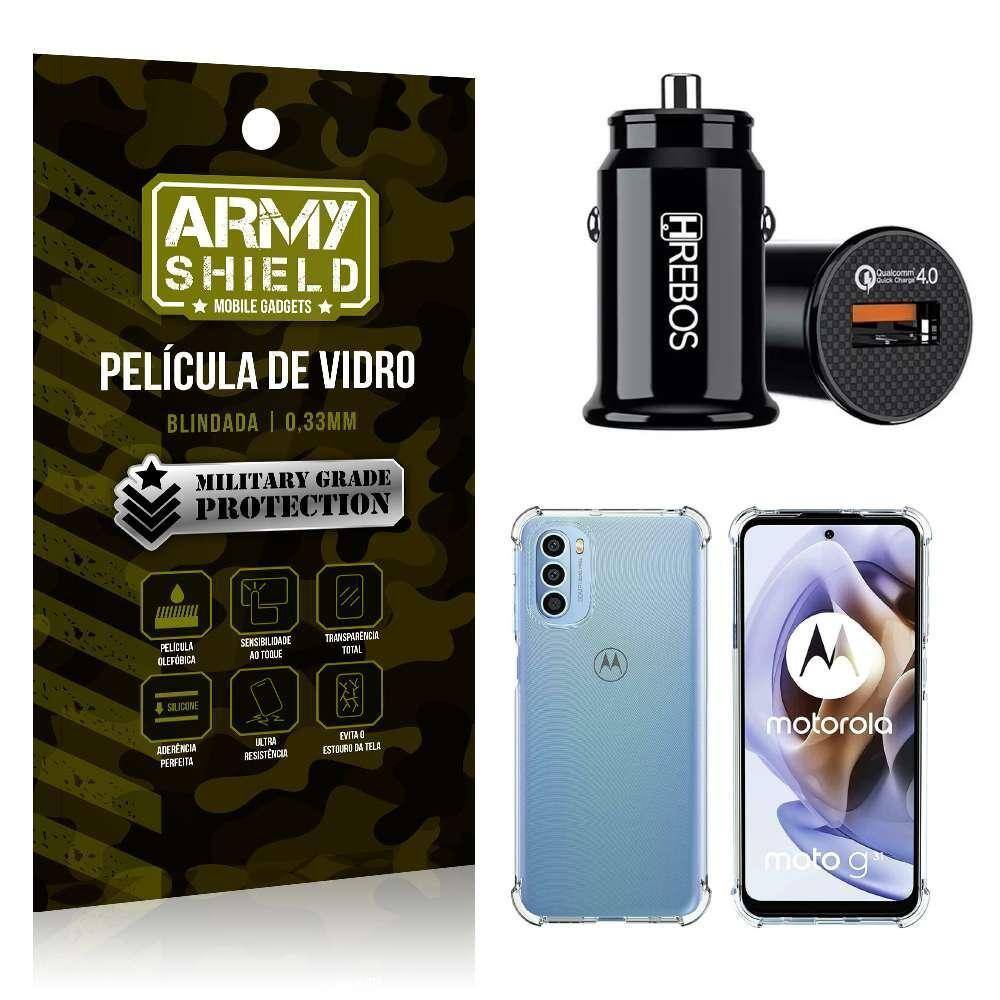 Carregador Veicular Turbo Com Capinha Moto G32 E Película 3D
