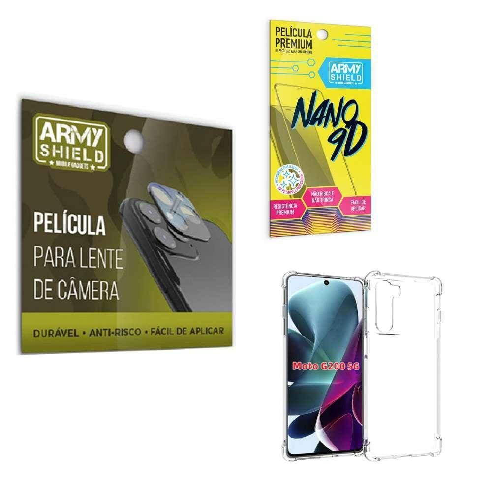 Kit Película De Câmera E Tela Moto G200 + Capinha Anti Shock
