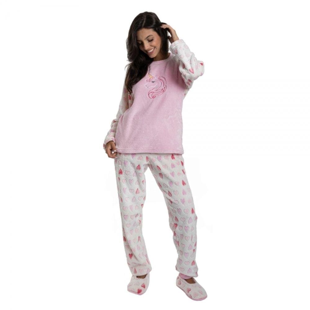 Pijama Pelucia Coração Com Plush Unicornio Rosa