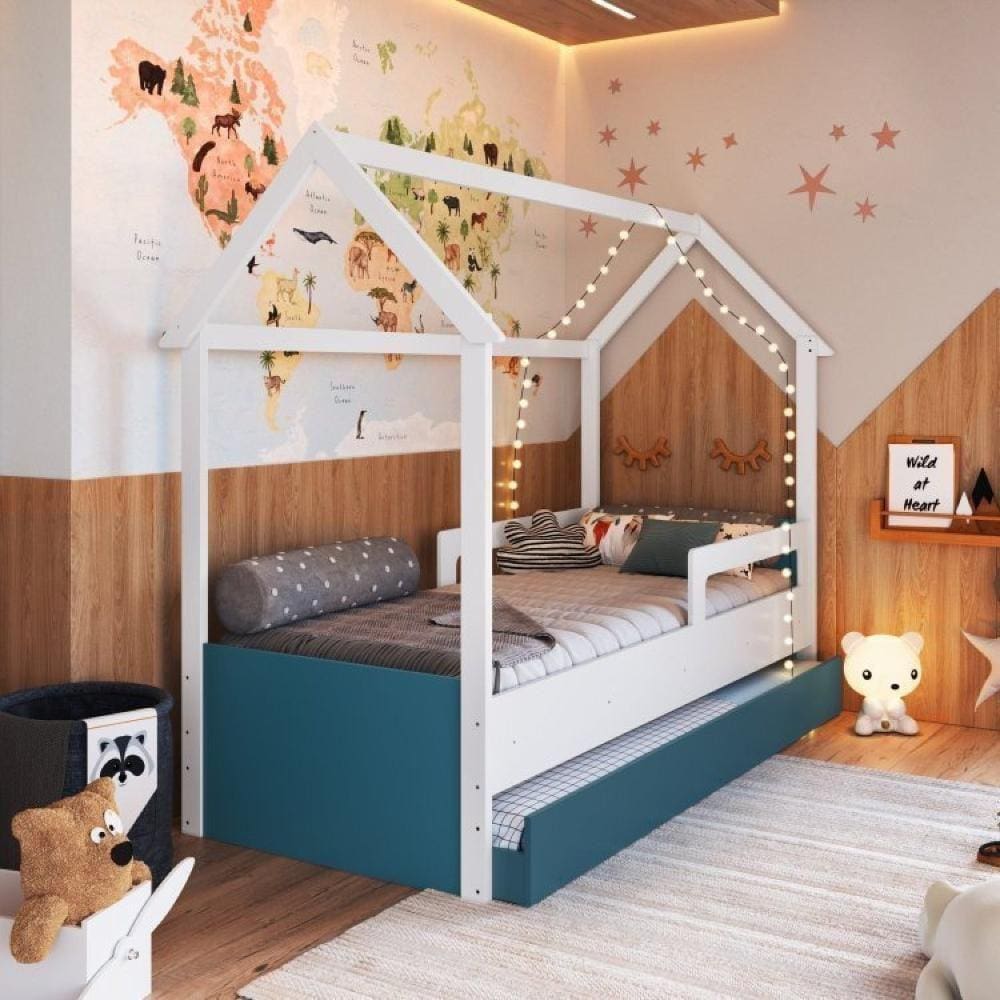 Cama Infantil Montessoriana com Cama Auxiliar 2 Colchões Branco/Azul Secreto