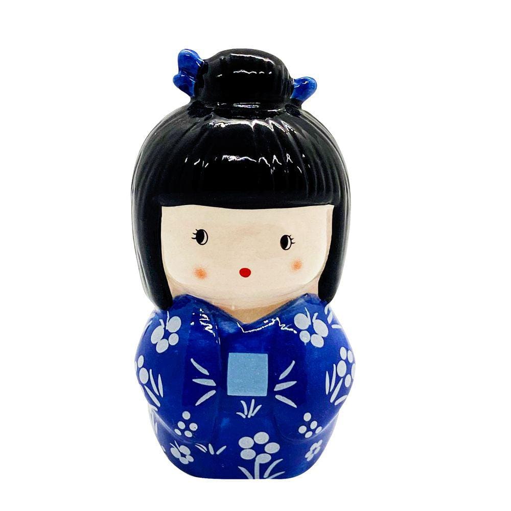 Enfeite Japonesa Kokeshi Azul Paz e Alegria Cerâmica