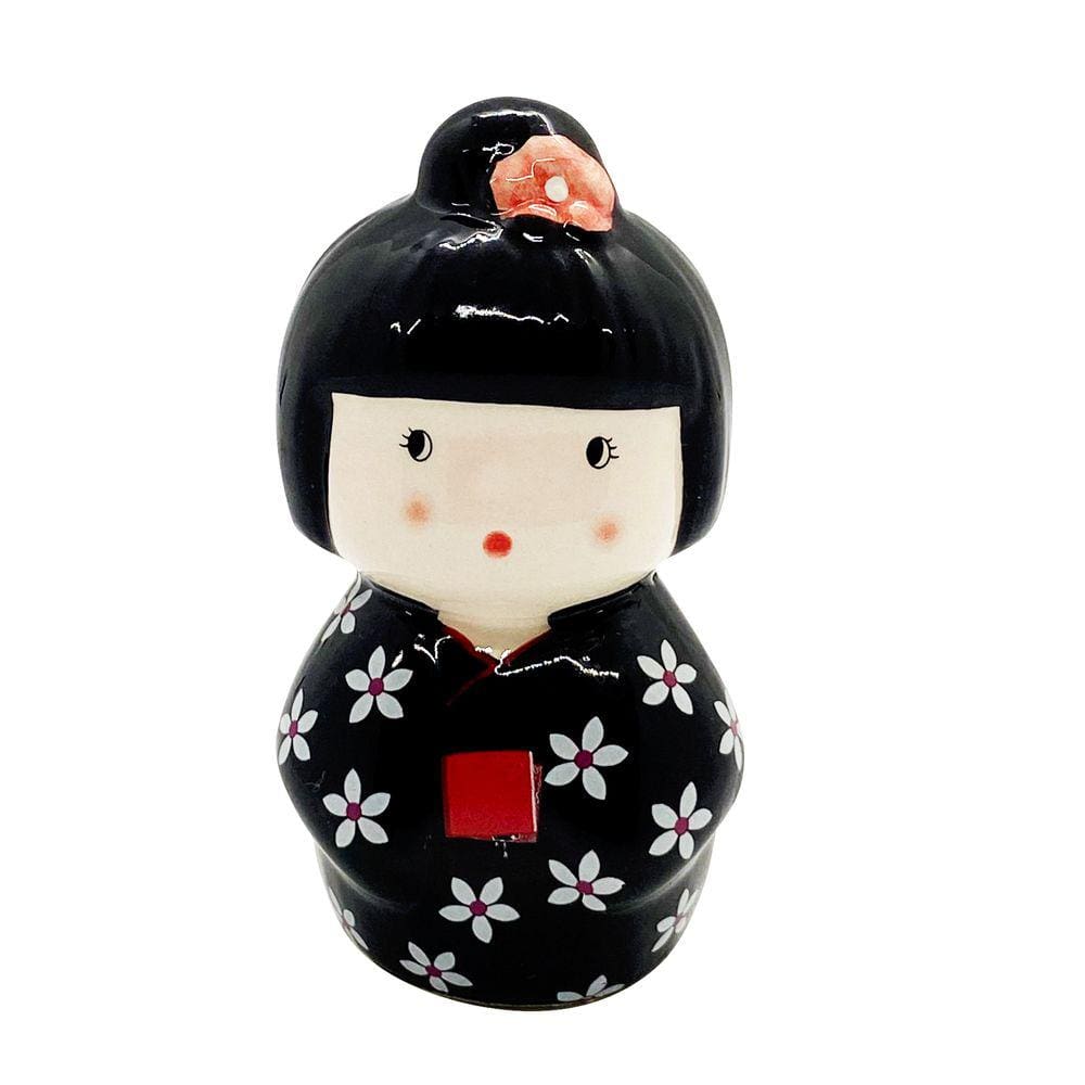 Enfeite Japonesa Kokeshi Cerâmica Preta Paz e Alegria no Lar