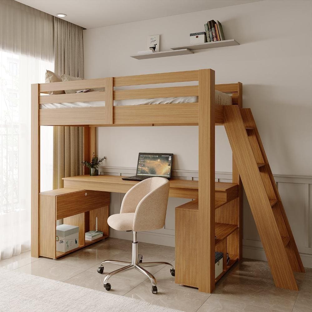 Cama Office Star Light com Escada Inclinada Freijó
