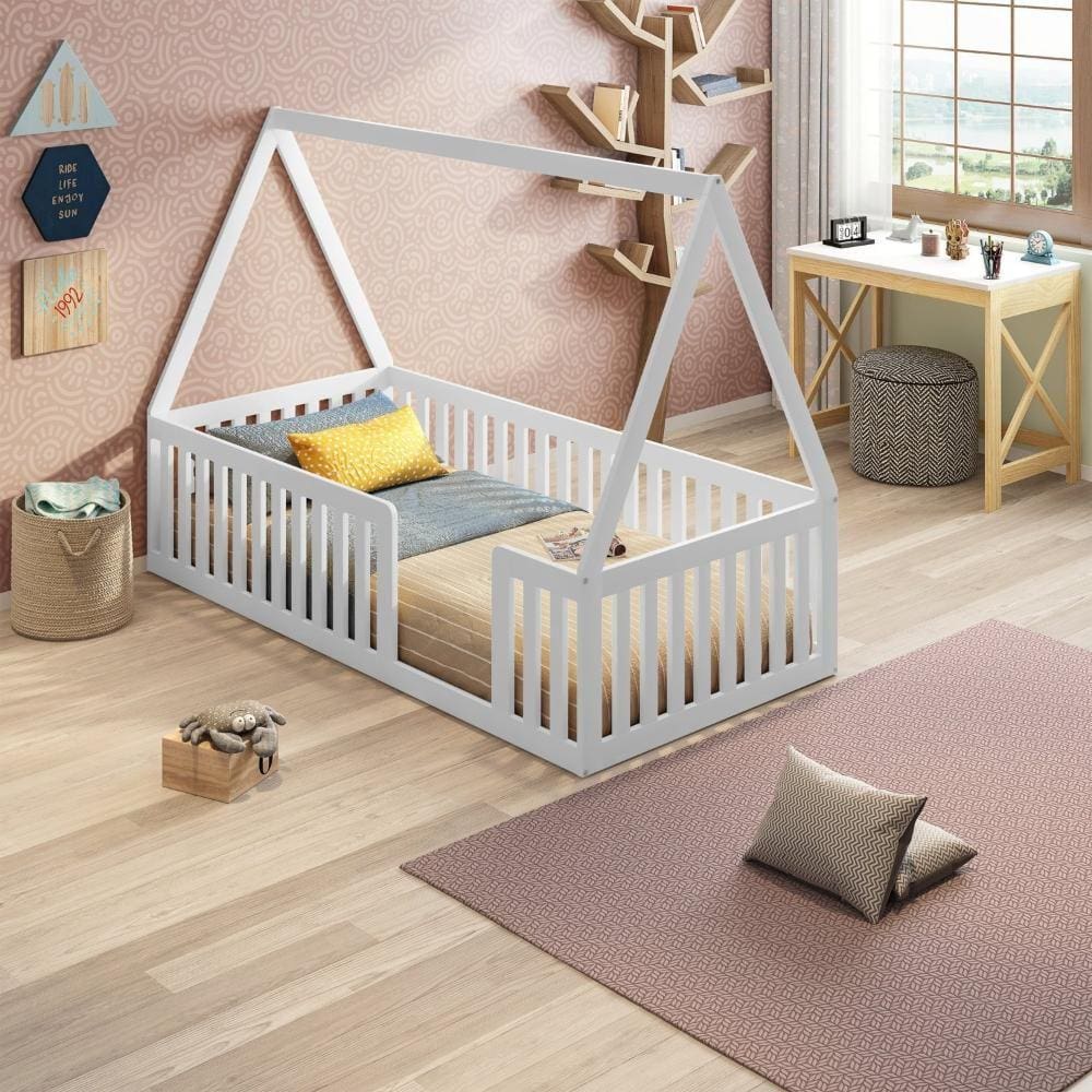 Cama Montessoriana Solteiro em Mdf e Madeira com Grade e Telhado Giulia Casatema Branco