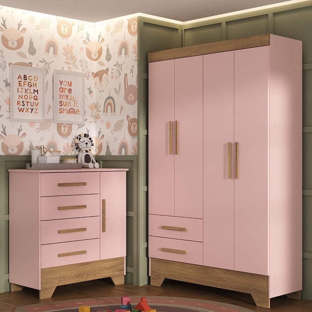 Quarto Infantil Completo Guarda Roupa 4 Portas 2 Gavetas com Cômoda Liz Rosa Fosco/Nature