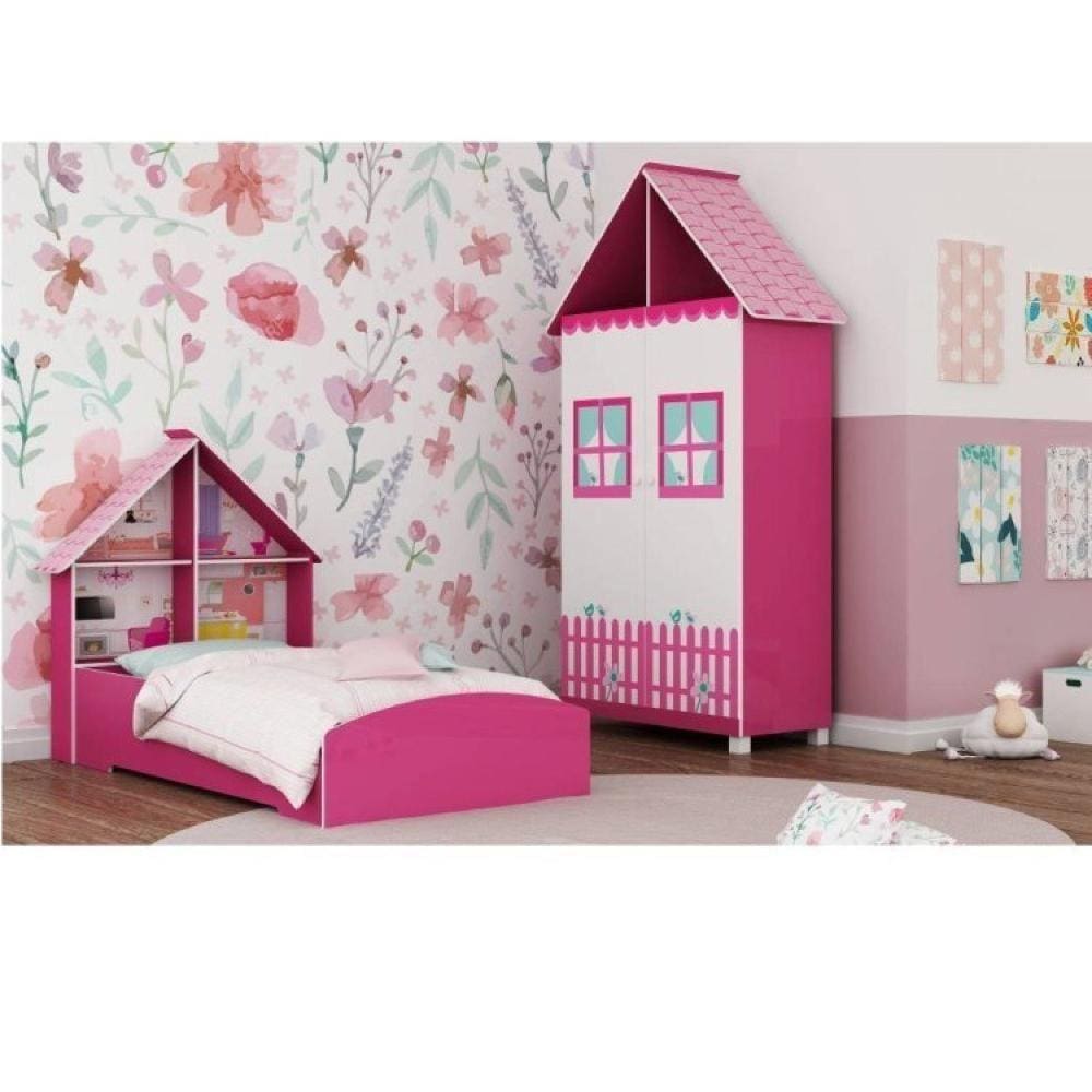 Quarto Infantil Cama e Guarda Roupa Casinha Pink Ploc/Branco