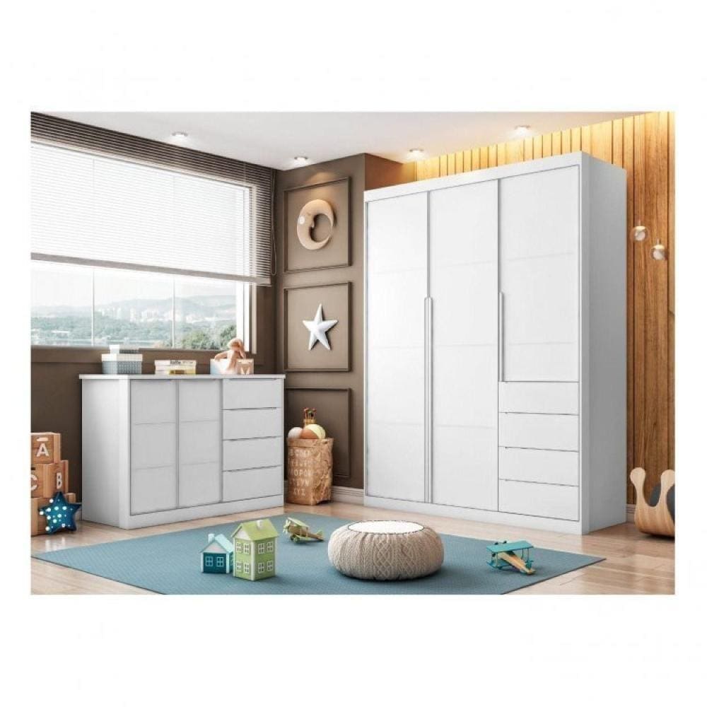 Conjunto Quarto Infantil Guarda Roupa 3 Portas e Cômoda Branco