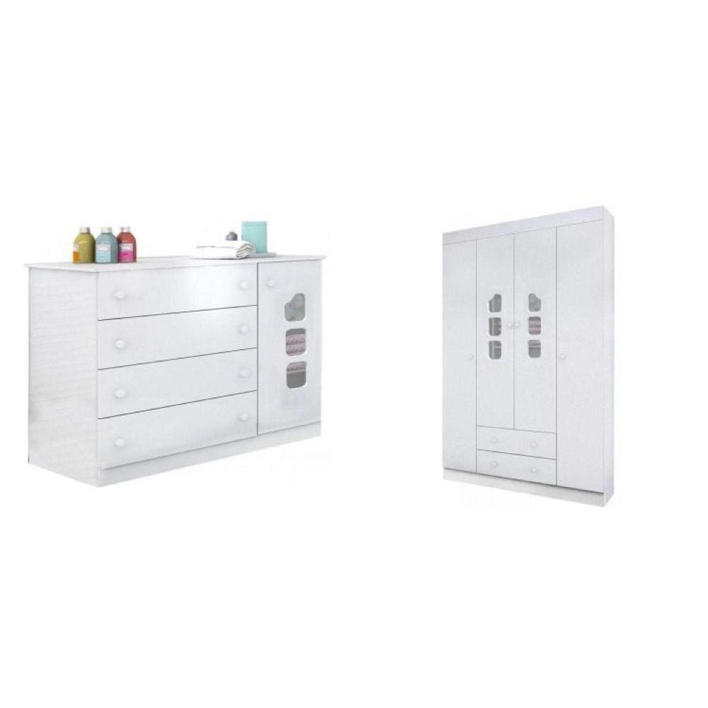 Quarto infantil Guarda Roupa 4 Portas e Cômoda Lívia Branco