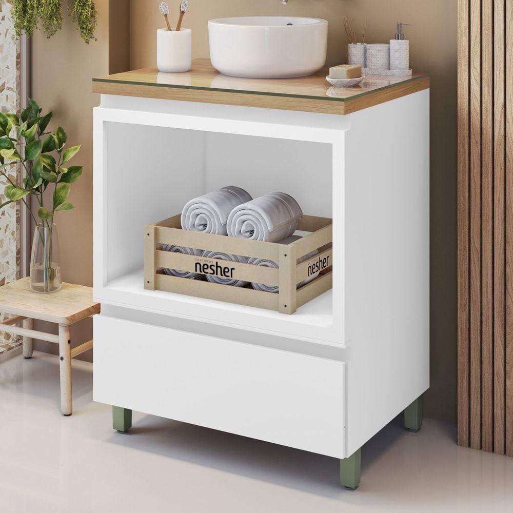 Gabinete para Banheiro 1 Gaveta com Caixa Organizadora Rainha 70cm 100% Mdf Branco/Marrom