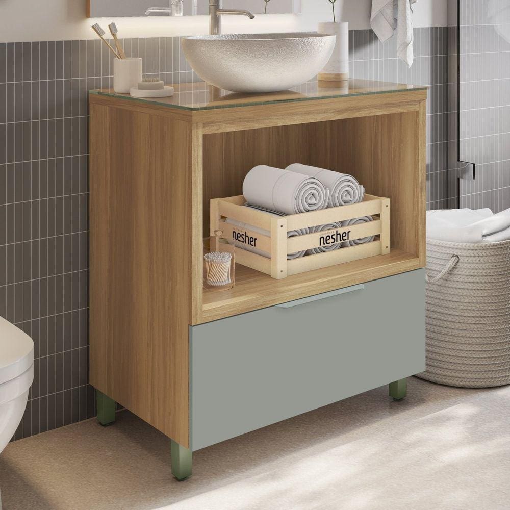 Gabinete para Banheiro com Caixa Organizadora Marquesa 80cm 100% Mdf Marrom/Verde