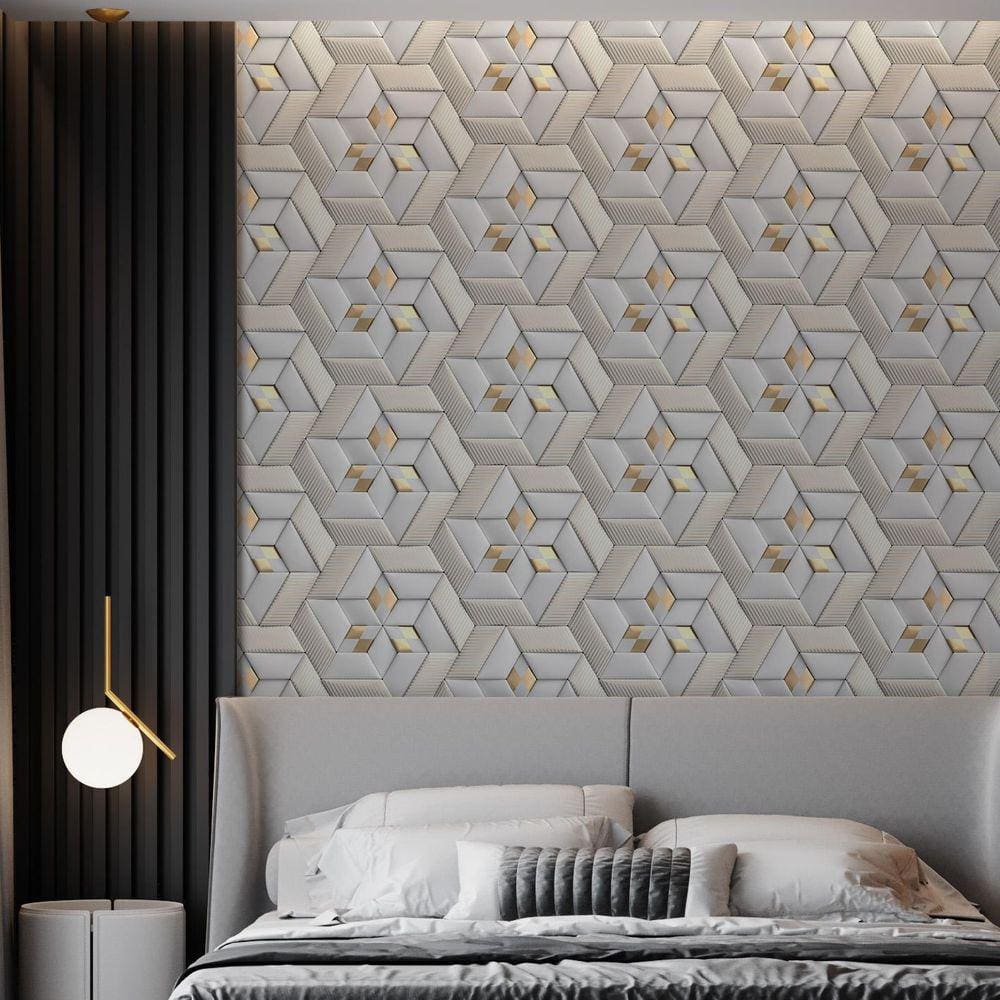 Kit 4 Rolos Papel De Parede Adesivo Geométrico Dourado 3,0M