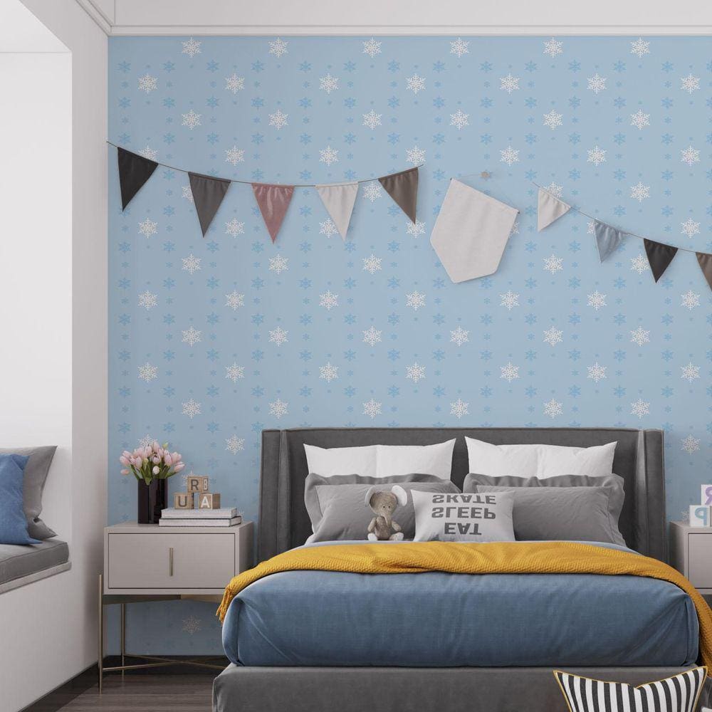 Kit 10 Rolos Papel De Parede Adesivo Infantil Neve Azul 3,0M