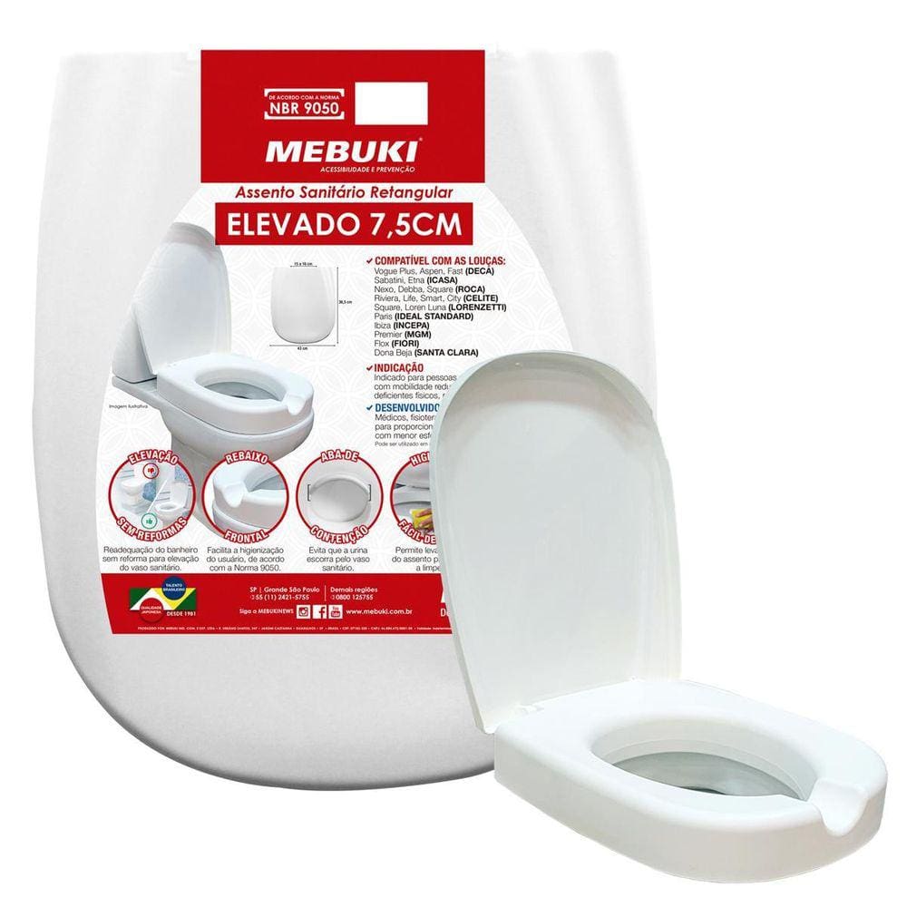 Assento Sanitário Elevado Retangular Mebuki - 7,5Cm