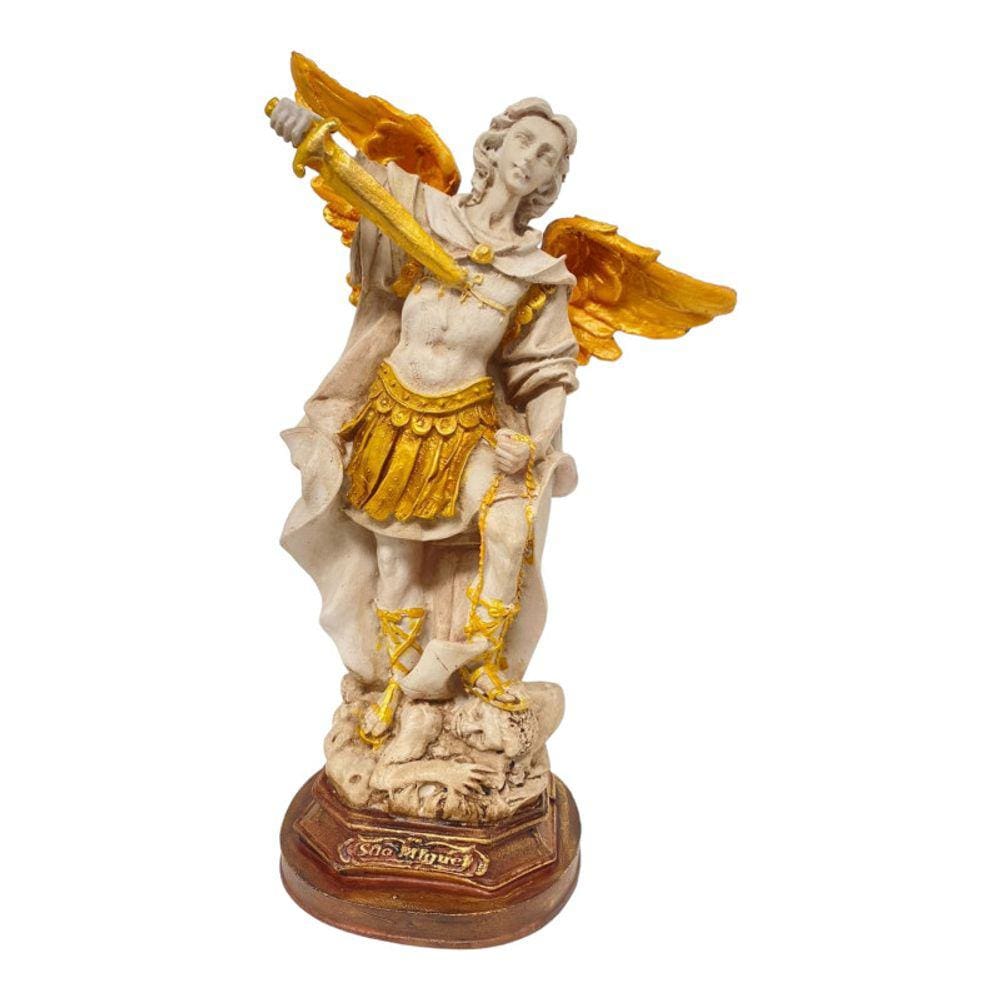 Escultura São Miguel Arcanjo Patinado e Dourado 31cm Resina