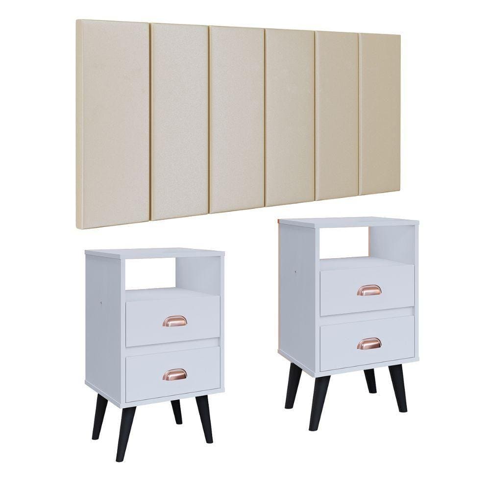 Cabeceira Estofada Modular Box Casal 1,40 Julia Areia Jogo 2 Mesinha Pequena Gaveta Nicho Canto Lateral Cama Retrô Classic New Branco-RPM