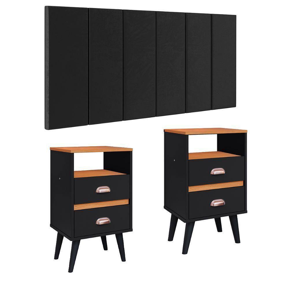 Cabeceira Estofada Modular Box Casal 1,40 Julia Preto Jogo 2 Mesinha Pequena Gaveta Nicho Canto Lateral Cama Preto/Cinamomo Classic New-RPM