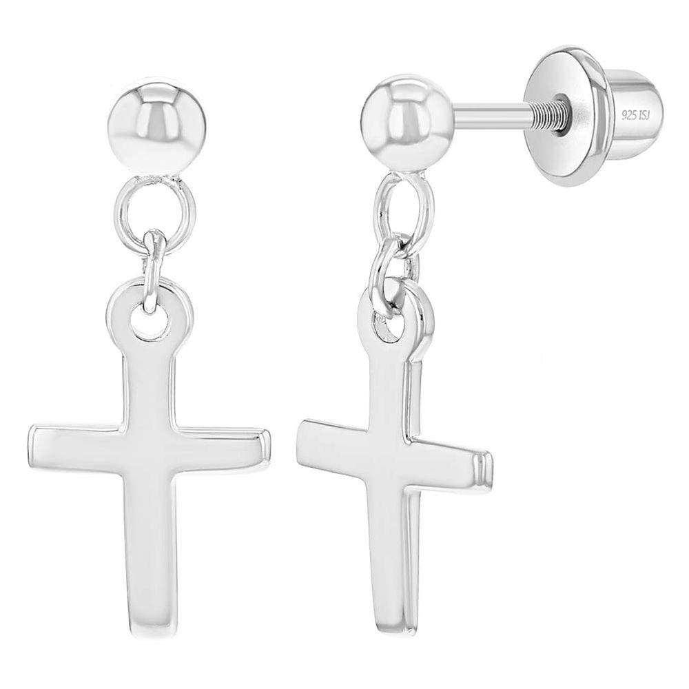 Brincos infantis de prata esterlina 925 Small Cross Dangle