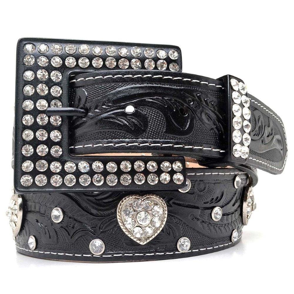 Cinto Couro Feminino Fivela Quadrada Strass Para Dia a Dia Country Com Aplicação de Coração