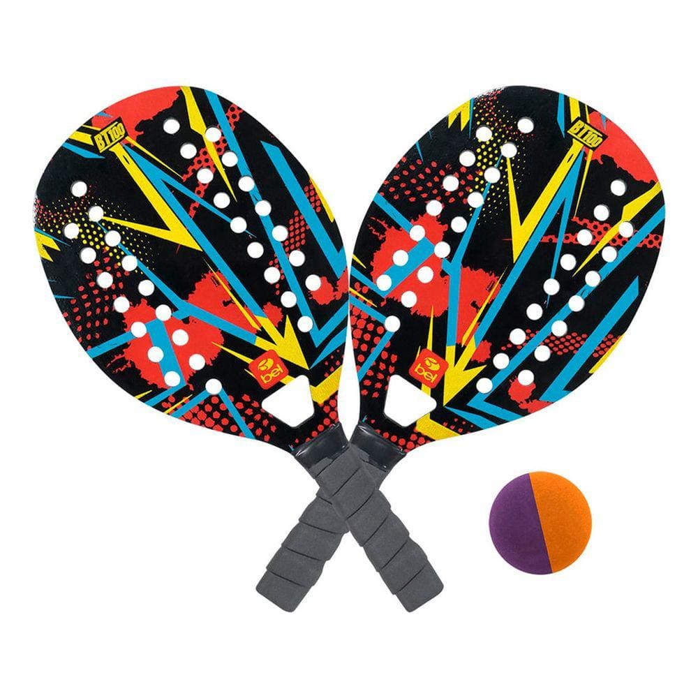 Kit Beach Tenis Praia 2 Raquetes 1 Bolinha Madeira Frescobal
