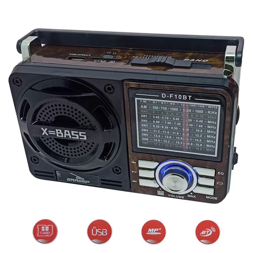 Rádio Retrô Grasep Portátil Analógico Am/ Fm Bluetooth Usb