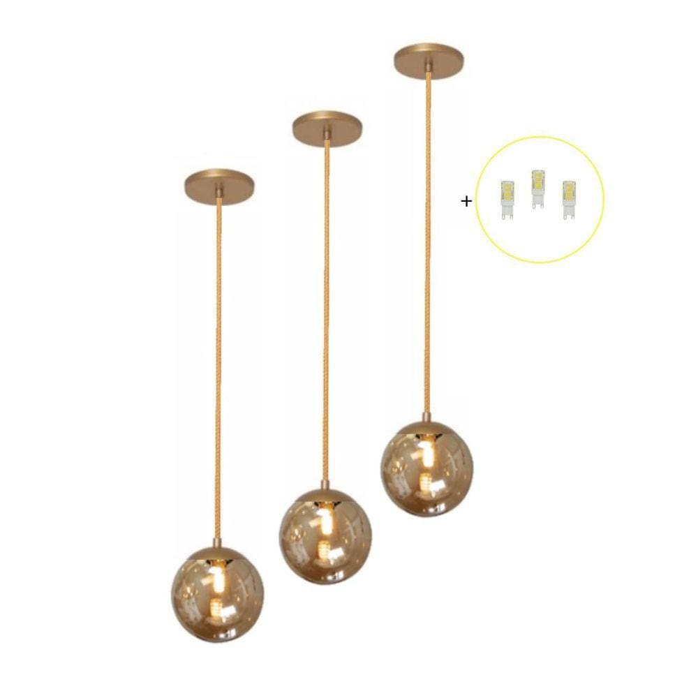 Kit 3 Pendente Dourado Mesa Bancada Balcão Aparador + Led Vi