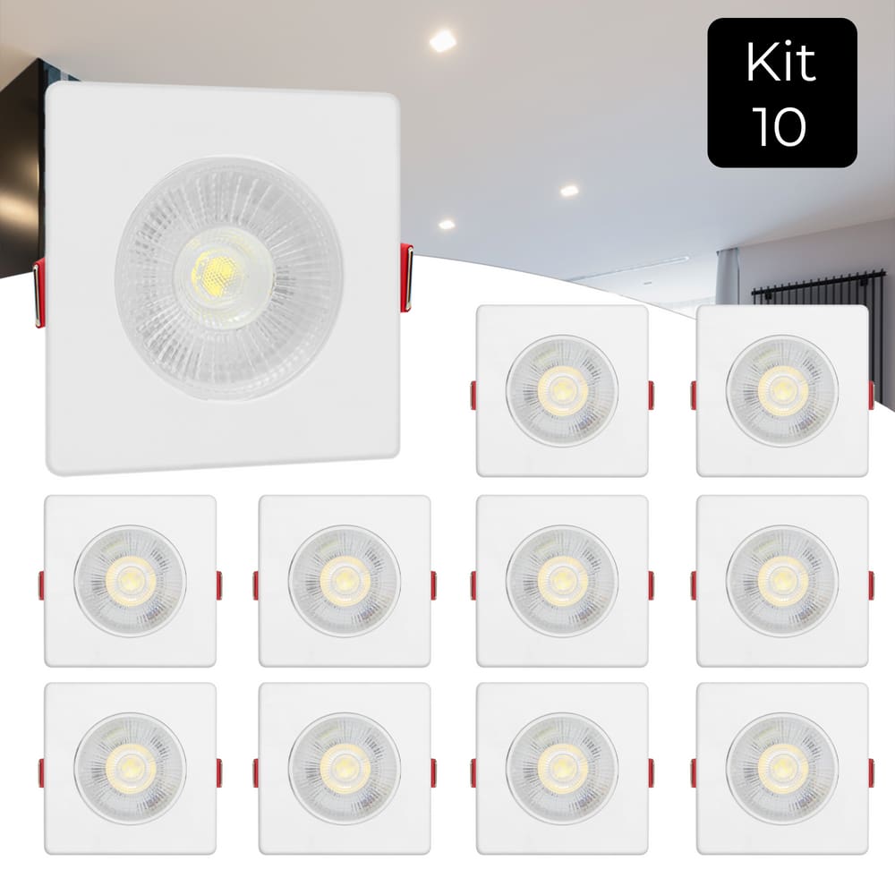 Kit 10 Spot Led Smd 7w Dicróica Direcionável Quadrado Branco Neutro