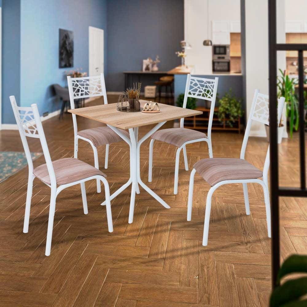 Mesa Tubular Com 4 Cadeiras Em Aço Branco Carvalho Com Estofado Capuccino Kone Shop Jm