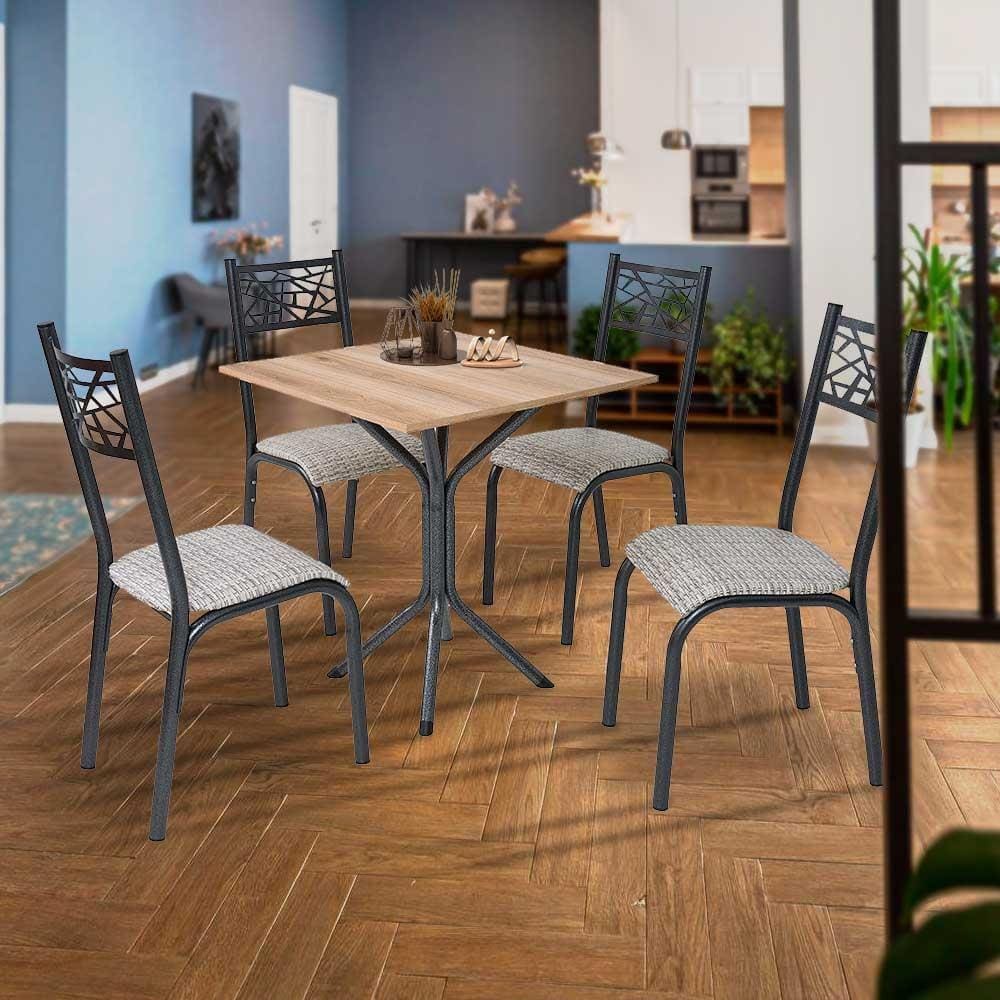 Mesa Tubular Com 4 Cadeiras Em Aço Preto Carvalho Com Estofado Manteiga Kone Shop Jm