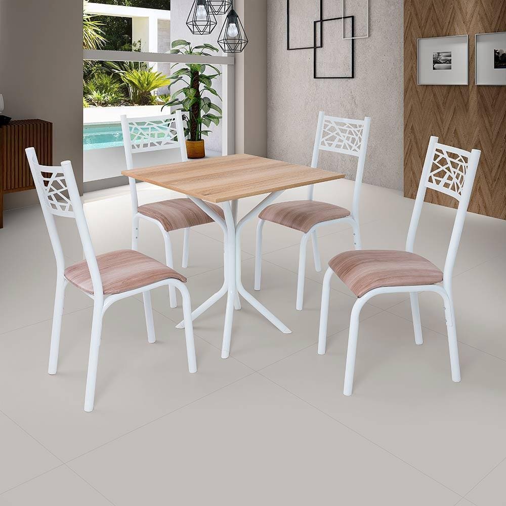 Mesa Quadrada 68X68 Com 4 Cadeiras Em Aço Branco Carvalho Com Estofado Capuccino Jade Ciplafe