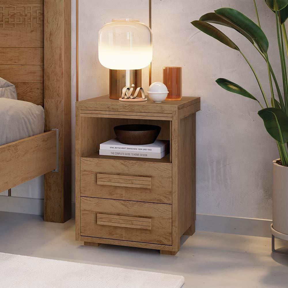 Kit 2 Mesas De Cabeceira 2 Gavetas 1 Nicho Castanho Tóquio Fênix