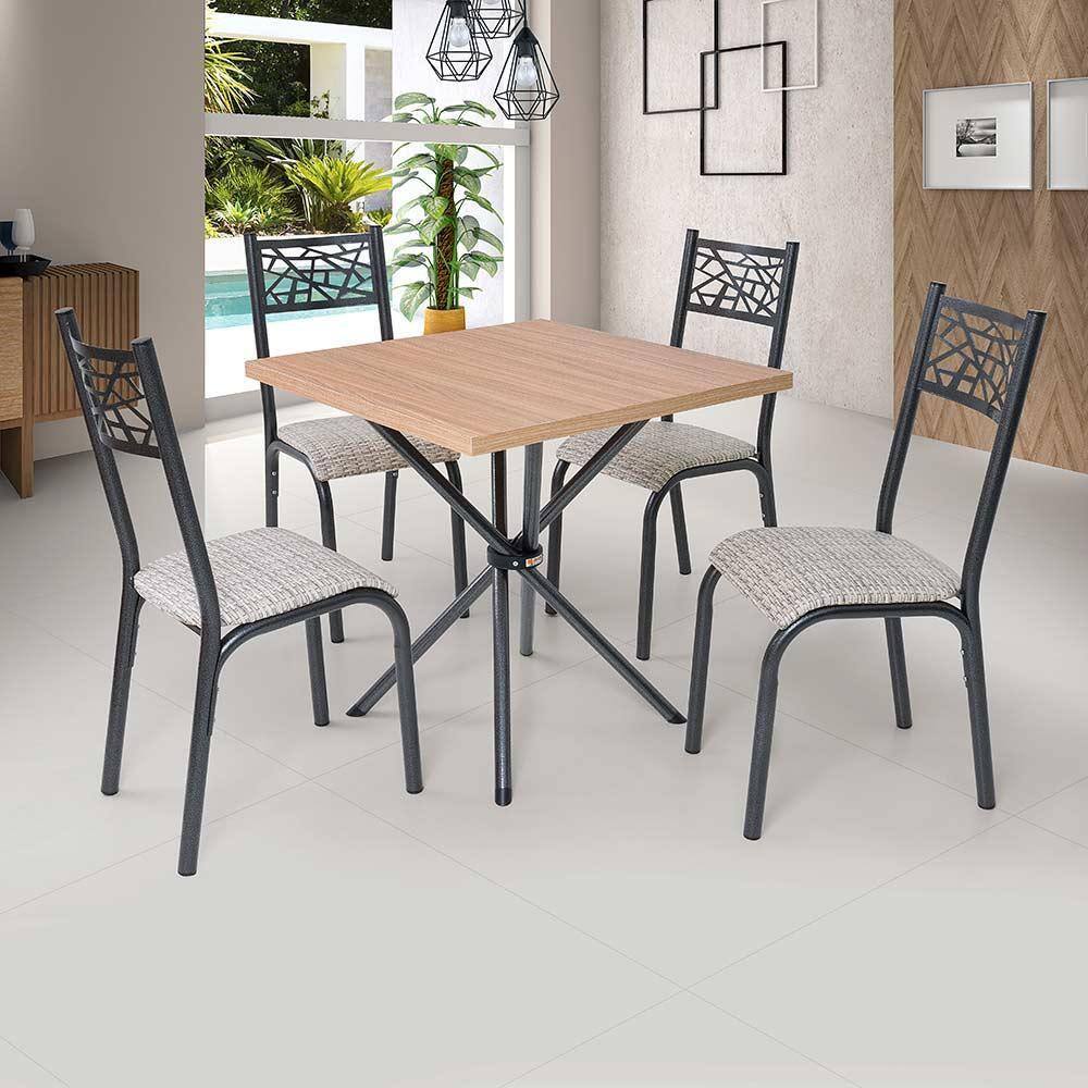 Mesa Quadrada 75X75 Com 4 Cadeiras Em Aço Preto Carvalho Com Estofado Manteiga Jade Ciplafe