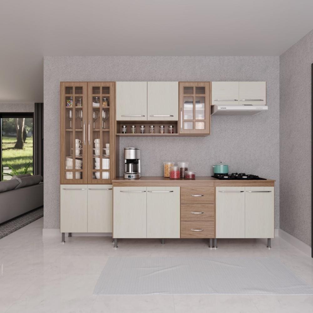 Cozinha Modulada Completa Fidelitá Paris 5 Peças 260cm 13 Portas 3 Gavetas Com Tampo Nogal/Salinas