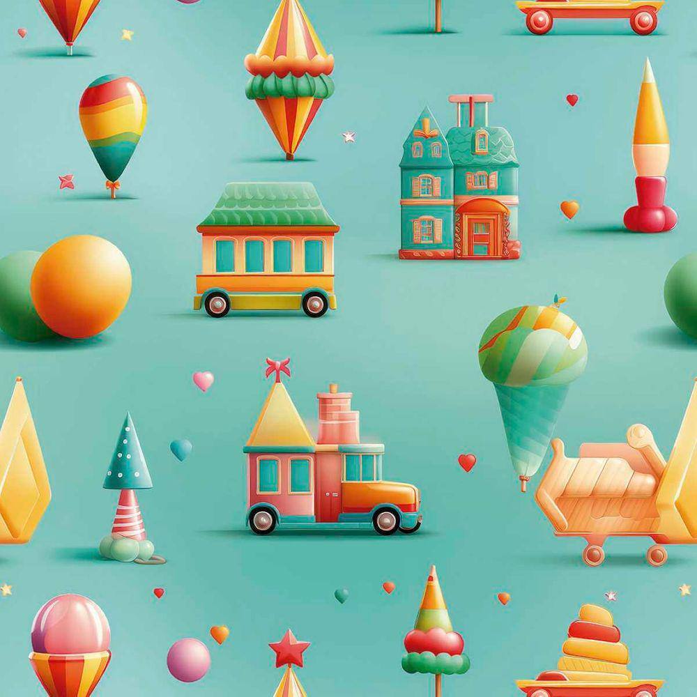 Papel de Parede Auto Adesivo Infantil Verde Brinquedos Coloridos decorativo Quarto Criança Bebê 3m