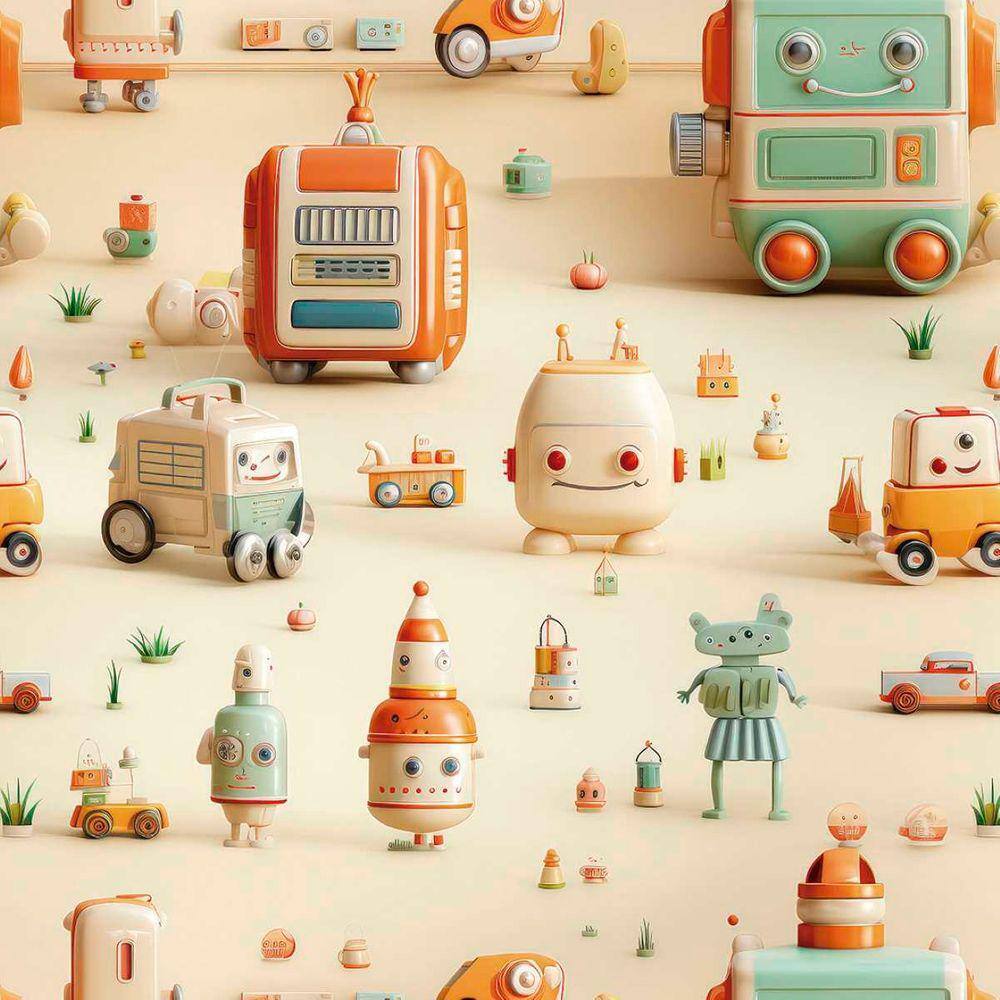 Papel de Parede Auto Colante Infantil Brinquedinho Fofo decorado bege Quarto bebê Criança 12m