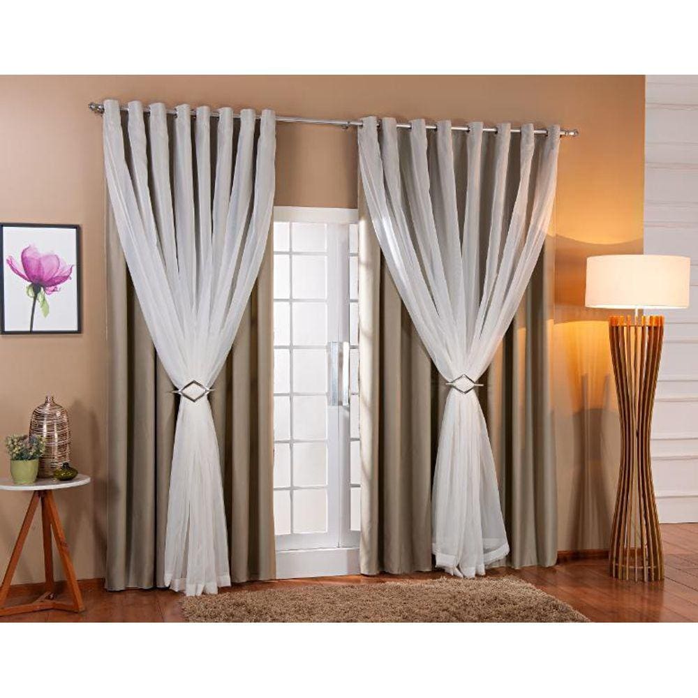 Cortina Voil Forro Blackout Tecido 4,00X2,50 Palha/Branco