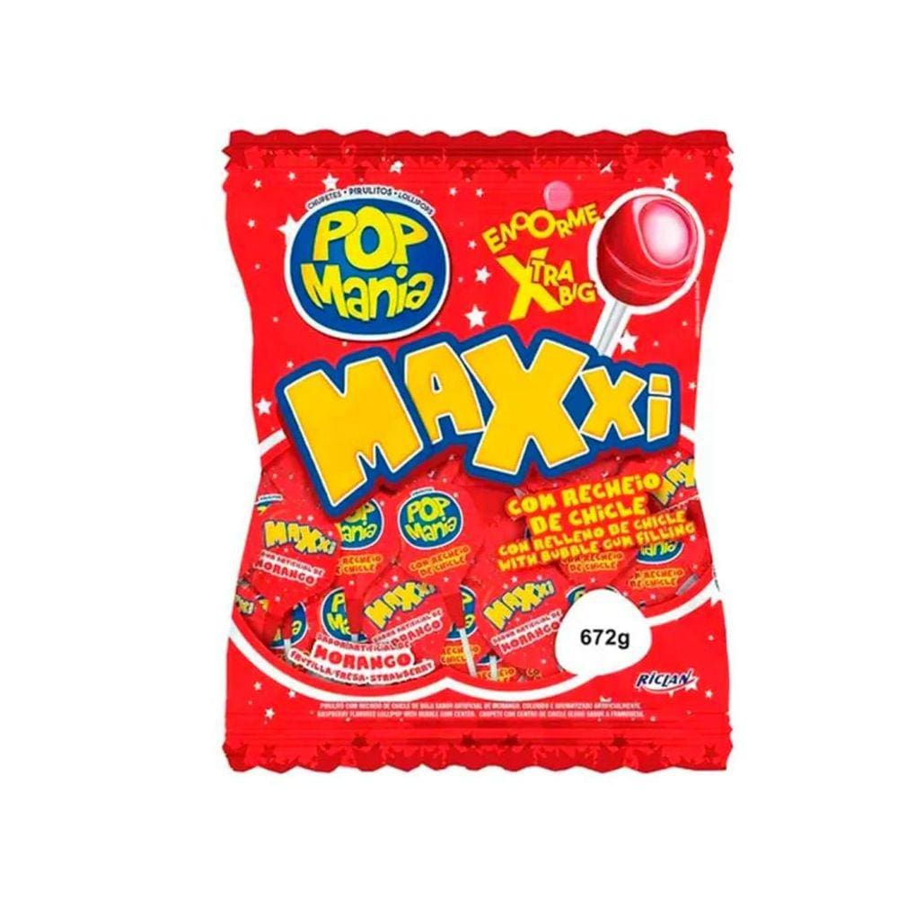 Pirulito Chicle Pop Mania Maxxi Morango C/24 Unid - 672g