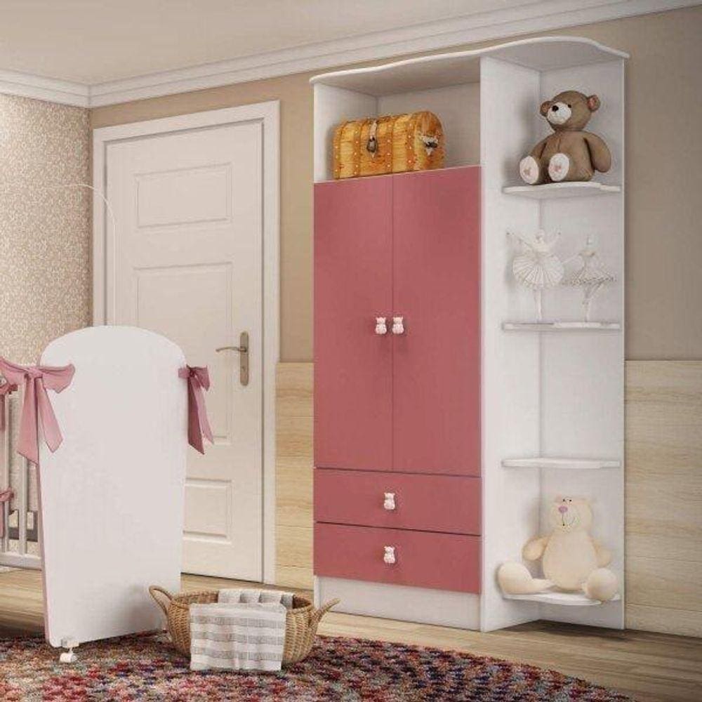 Guarda Roupa de Bebê 2 Portas 2 Gavetas Baby Branco/Rosa