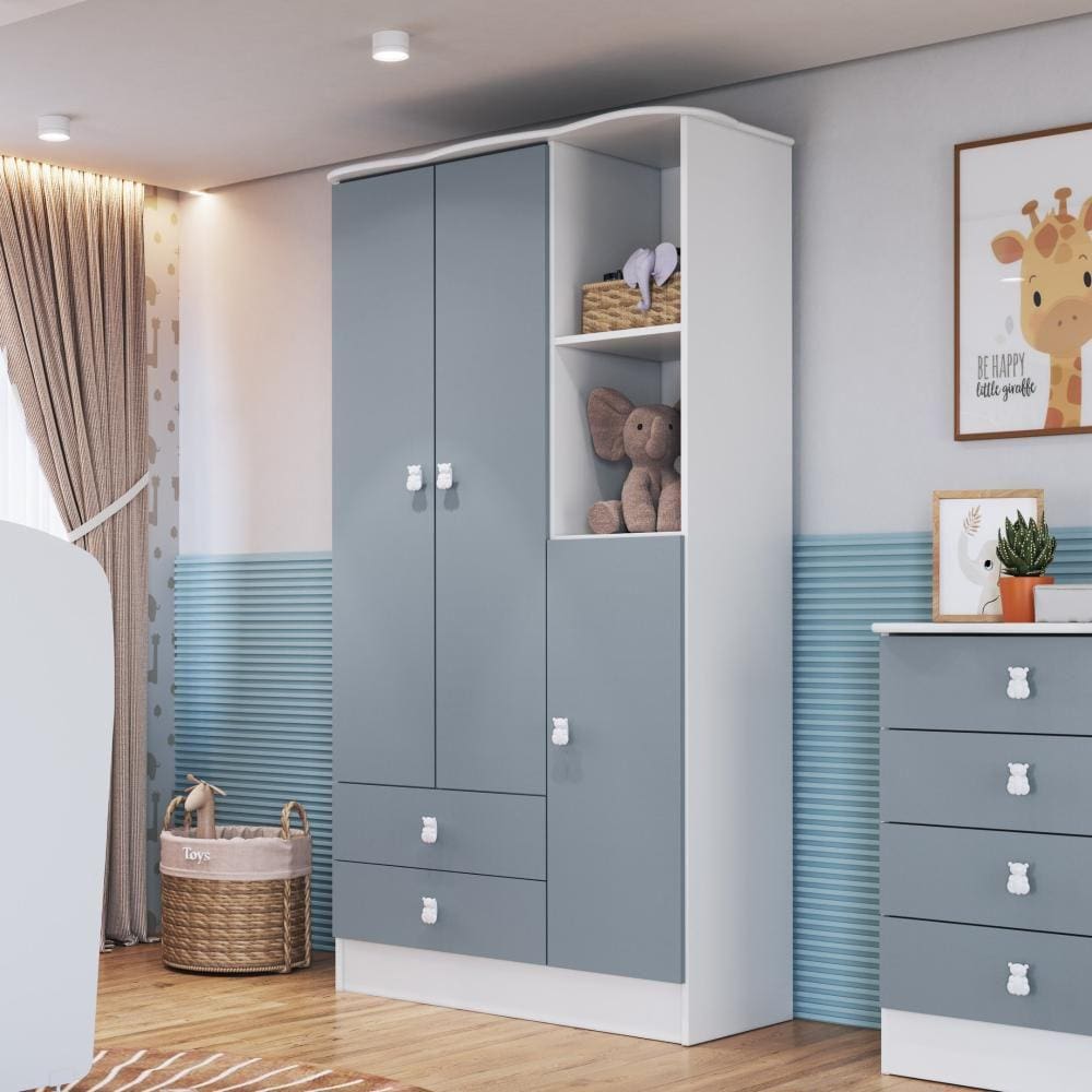 Guarda Roupa de Bebê 3 Portas 2 Gavetas Branco/Azul