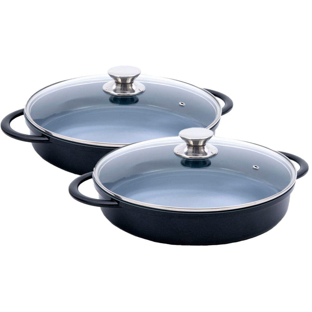 Kit Caçarola Baixa Hercules Indução Antiaderente Ceramico Tampa de Vidro Redonda Preta 30cm 3,5 Litros + 3,5 Litros
