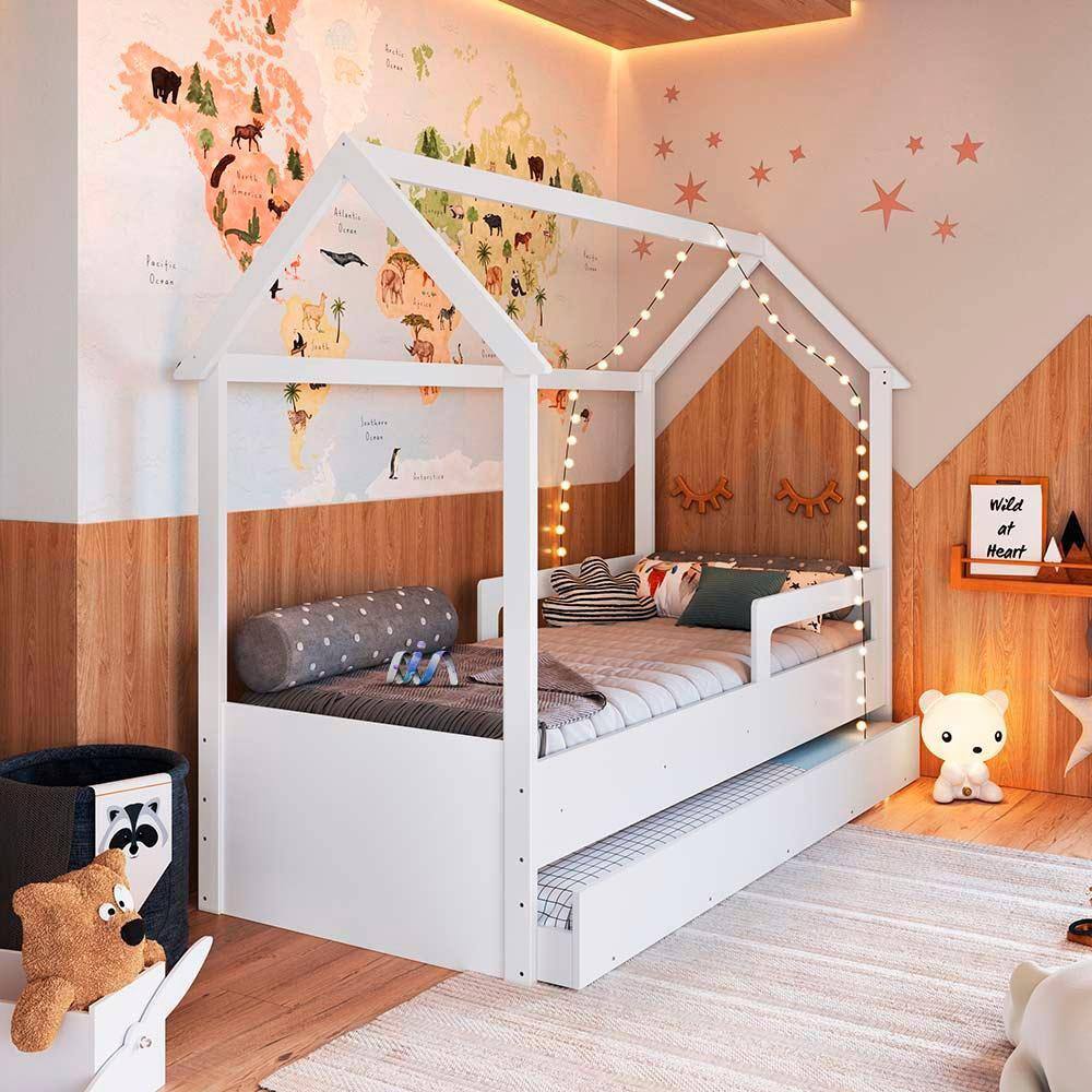 Cama infantil com auxiliar - Casinha Solteiro Branca