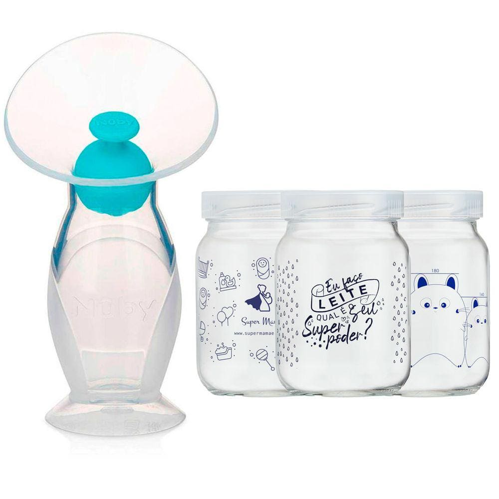 Kit Coletor de Leite Materno + 3 Potes de Vidro para Armazenar Leite Materno