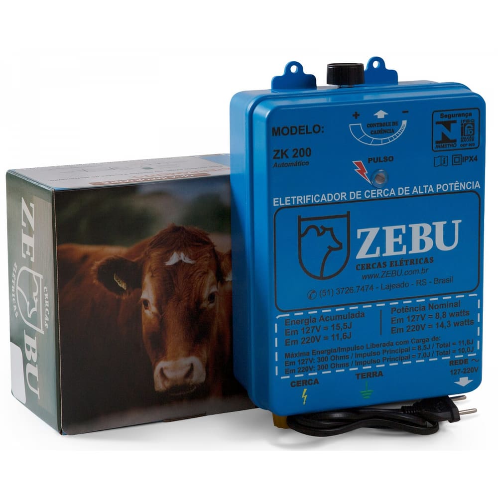 Eletrificador Cerca Choque Eletrico Zebu Zk200 127/220V 10J 200Km