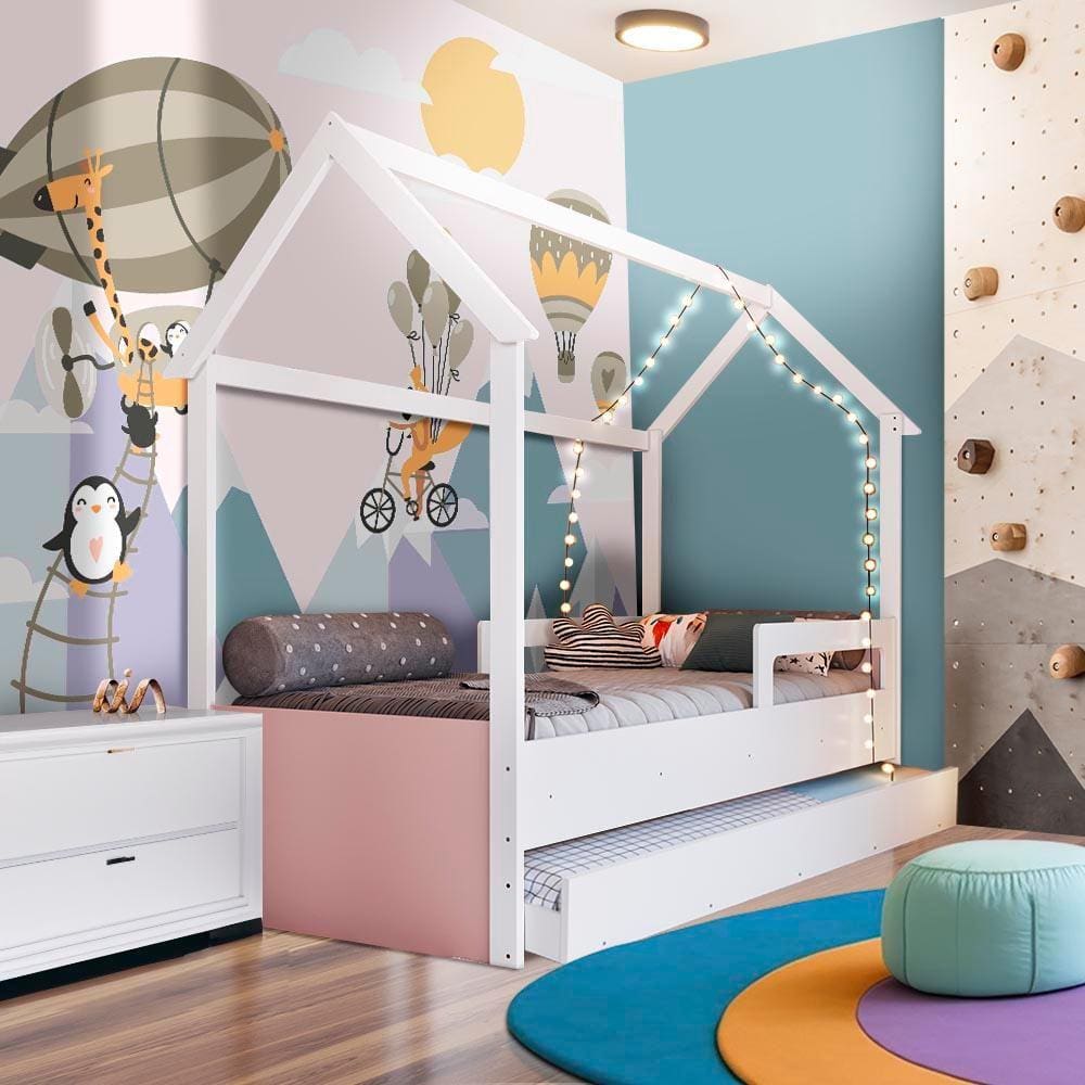 Cama Infantil Solteiro com Colchão Auxiliar - Branco/Rosa