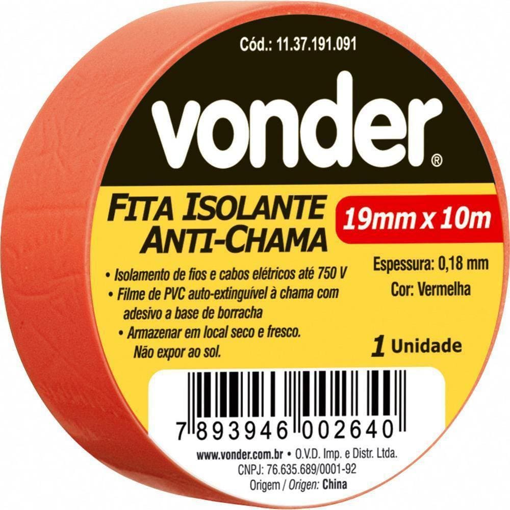 Fita Isolante Pvc 19Mmx10M Vermelha Anti Chama Peça Vonder