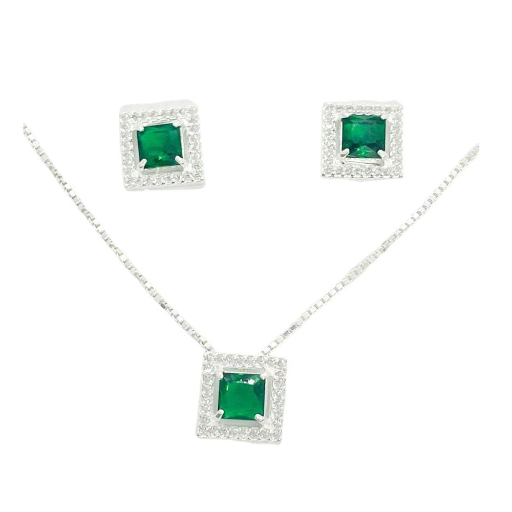 Conjunto Colar e Brinco Prata 925 Quadrado - Zircônia
